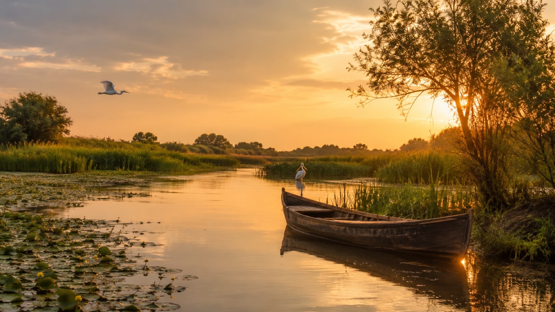 Lotcă pescărească pe un canal din Delta Dunării la apus